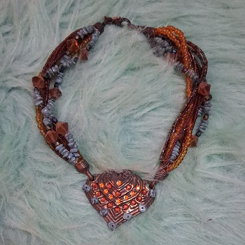 Chico's Orange and Gray Multistrand Heart Pendant Necklace